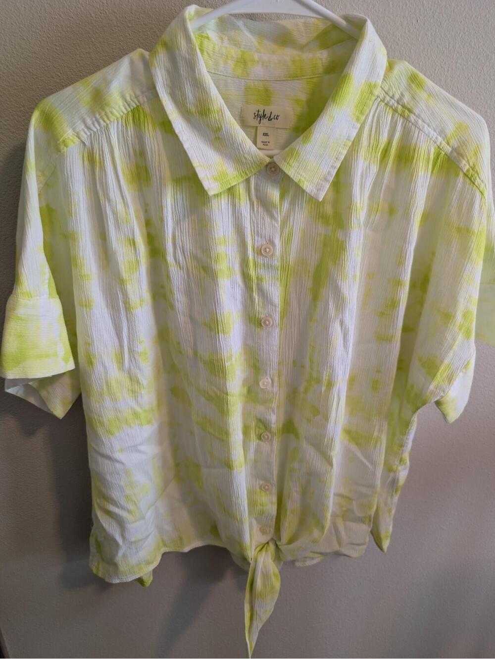 Style & Co Women's Short Sleeve Green White Tie Dye Button Down Gauze Top Blouse